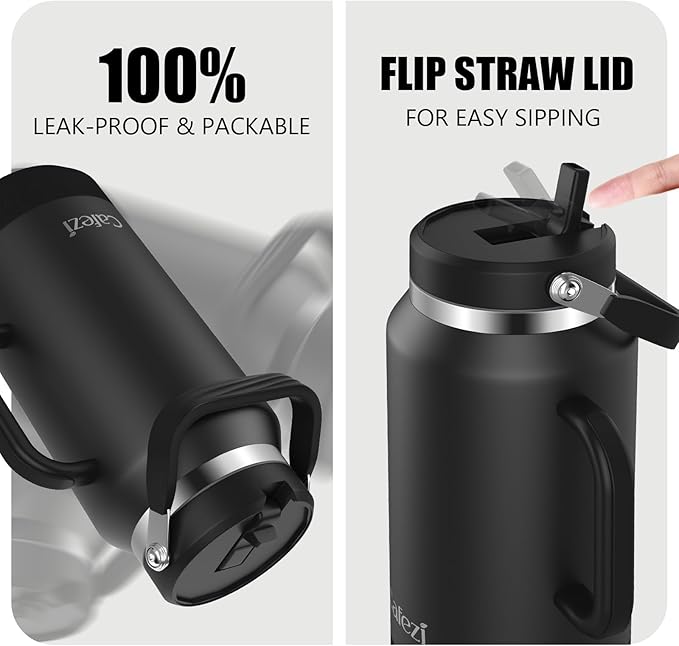 64oz Insulated Water Bottle with Flip Straw Lid - Leak-Proof, Sweat-Free, Top and Easy-Grip Side Handle, Silicone-Wrapped for Comfort, Iced for 34 Hours, Wide Mouth, BPA-Free, Anti-Slip Base