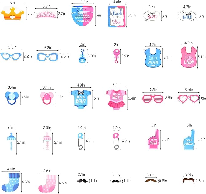 30Pcs Gender Reveal Photo Booth Props Boy or Girl Theme Selfie Props Baby Shower Gender Prediction Decor He or She Photography Backdrop for Gender Reveal Baby Shower Party Supplies