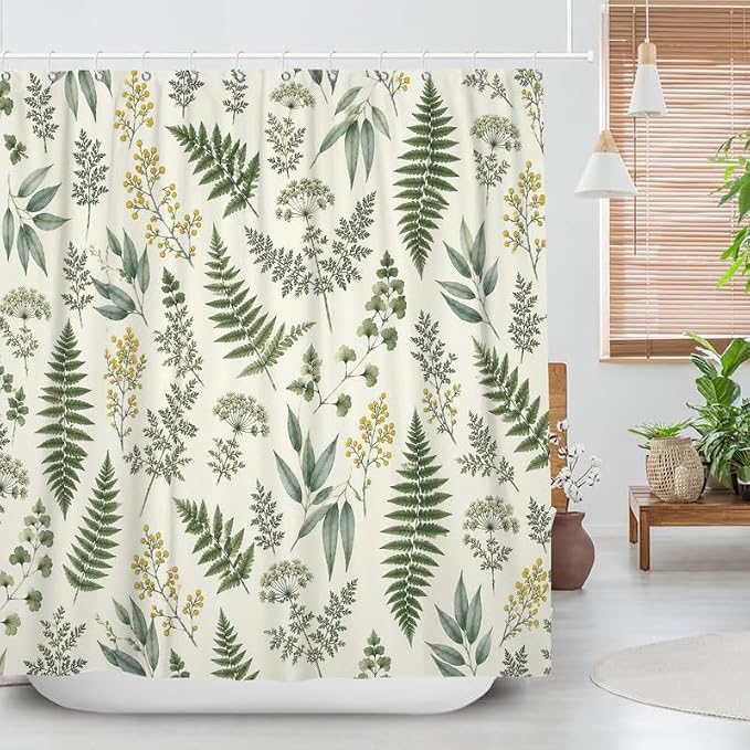 Fern Leaf Vintage Sage Green Shower Curtain Eucalyptus Farmhouse Plant Leaves Rural Floral Botanical Art Natural Waterproof Curtain for Bathroom 72x84 in with 12 Hooks