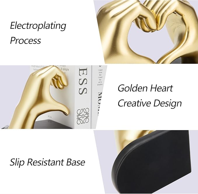Gold Bookends, Heavy Duty Bookend Holder Decor, Golden Finger Heart Shaped, Modern Art Sculpture, Finger Home Decoration, Bookends Decorative, Boho Decor for Desktop Bedroom Study Room