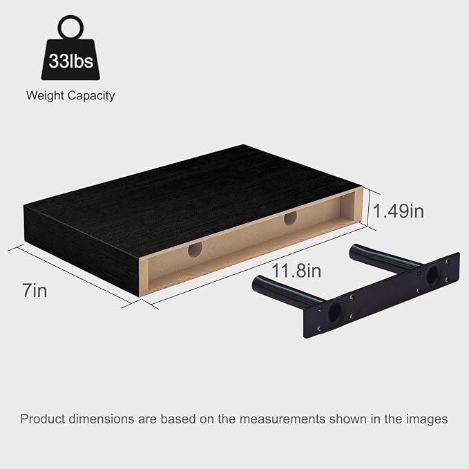 Black Floating Shelves for Wall Set of 4, 11.8 Inch Small Wall Shelves for Bathroom Over Toilet, Home Office & Bedroom Storage, Wall Mounted Shelf System for Decor, Books & Collectibles