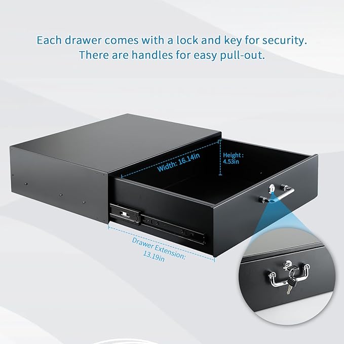 3U Rack Drawer, Rack Mount Drawer Designed for 19-inch Network Equipment, Servers, AV Racks, or Cabinet Enclosures. Sliding and Lockable Server Rack Drawer Features Cable Management Holes