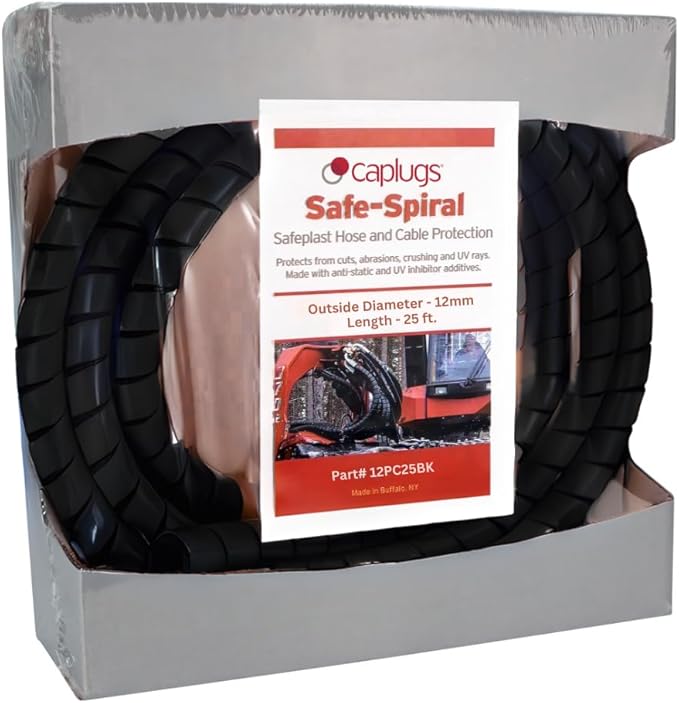 Caplugs SPPC Series – Safeplast Safe-Spiral Pre-Cut Spiral Wrap, Hose & Cable Protector, Black HD-PE, 0.50" OD x 25' Pre-Cut Length, Hydraulic & Pneumatic Hoses (12PC25bk)
