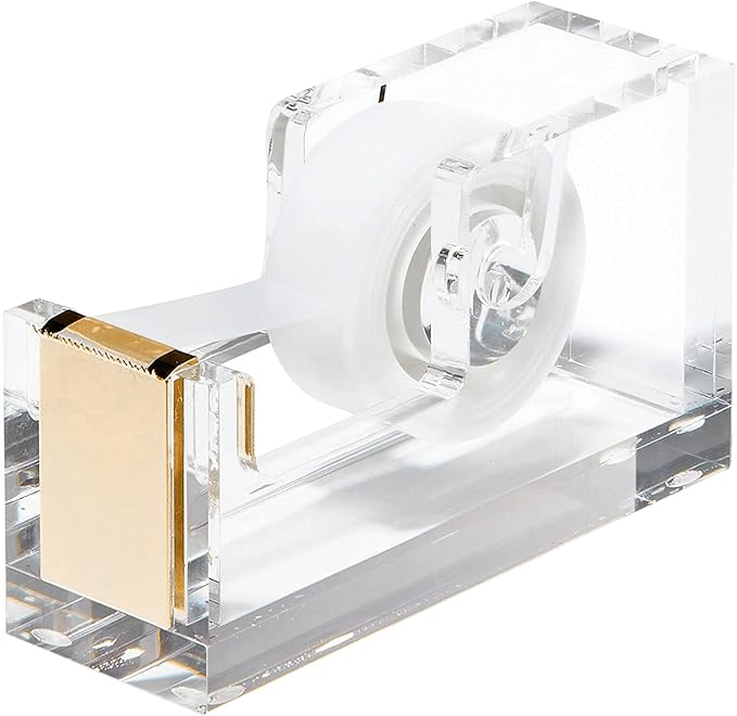OfficeGoods Acrylic Tape Dispenser – Modern Desk Organizer for Office Supplies – Heavy Duty Refillable Tape Holder for Home and School Crafting – Stylish Desktop Accessory for Gift Wrapping, Gold