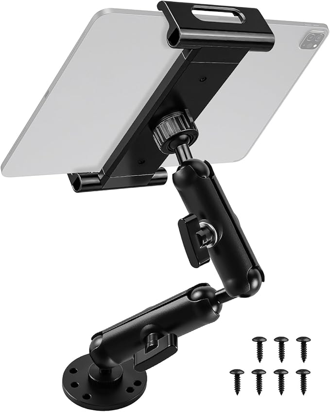 THXCHER Industrial Aluminum Tablet Mount with Dual Link Arm, Heavy Duty 360° Adjustable Holder for 6-13" Devices, Multi-Hole Base for Truck Boat Wall Desk Installation