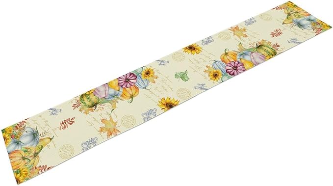 Fall Table Runner Watercolor Pumpkins Sunflowers Maple Leaves Baroque Floral Birds Country Thanksgiving Home Decor for Farmhouse Indoor Outdoor Party Holiday Dining Kitchen Restaurant Cafe W13xL72in