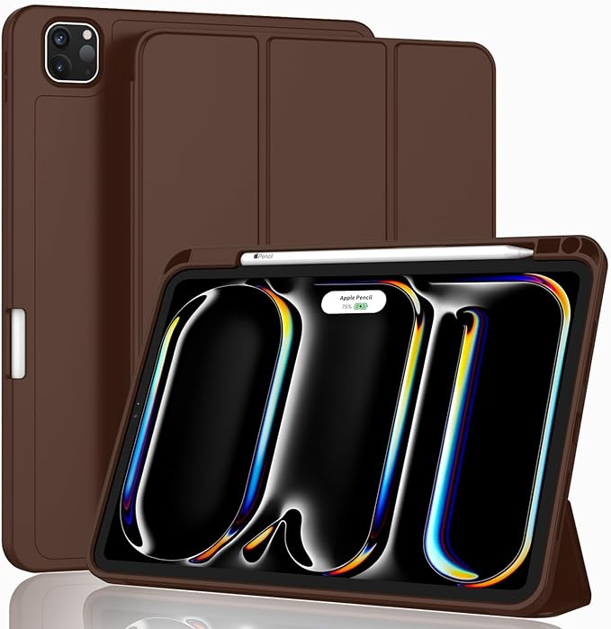 ZryXal iPad Pro 11 Inch Case (M5) 2025/ (M4) 2024 (Model: A2836/A2837/A3006), Trifold Stand Smart Cover with Pencil Holder and Soft TPU Back, Auto Wake/Sleep (Chocolate)