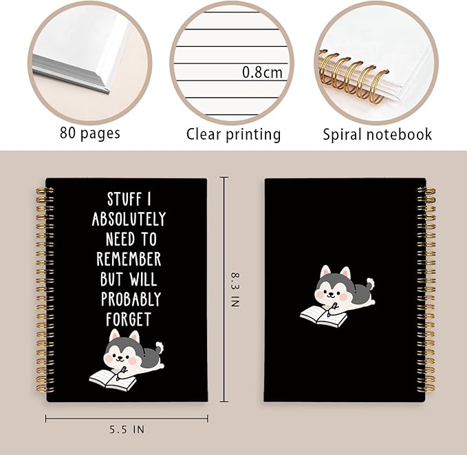 LIANGW Funny Husky Notebook Journal Gifts for Women & Men, Gifts for Husky Lovers Notebooks, Funny Gifts for Coworkers, Black Hardcover Spiral Notebook 5.5x8.3 Inch