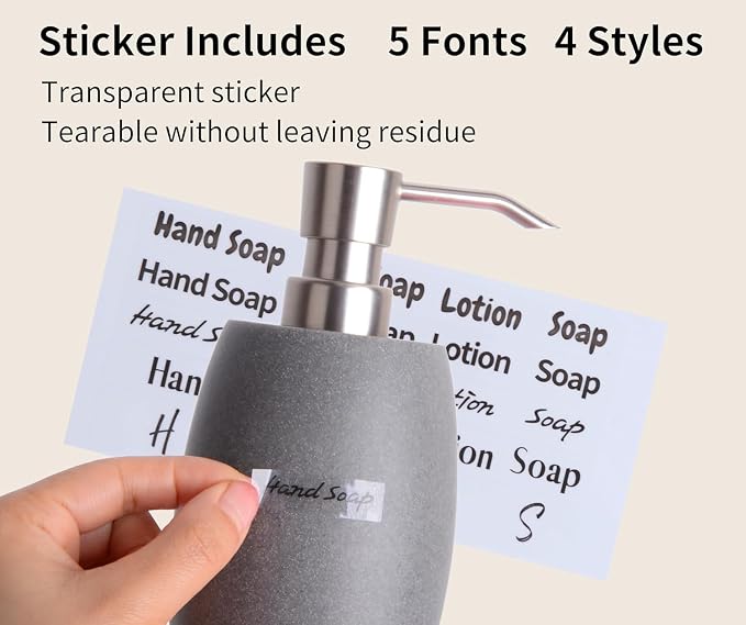 Clasin Home Sandstone Textured Resin Soap Dispenser with Metallic Pump and Waterproof Bottle Labels for Bathroom Kitchen Dish Hand Wash Shower Lotion Shampoo, 12 Oz, 2 Sets Gray