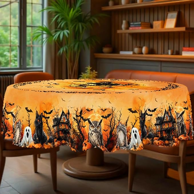 Eikione Round Tablecloth 60inch, Halloween Tablecloth Ghost Waterproof and Wrinkle-Free, Table Covers, Summer Decorations for Home Dining