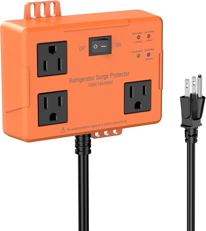 3 Outlet Refrigerator Surge Protector with Time Delay, Voltage Protector for Home Appliances, Protects Against Brownout, Spike, Instant Surge All Voltage Abnormalities, 14 AWG Power Cord (2FT)