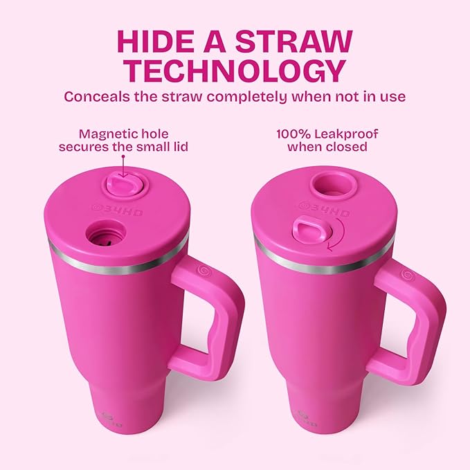 34HD 40 oz Stainless Steel Tumbler - Leakproof Insulated Water Bottle with Handle, Magnetic Lid and Flexible Straw - Iced for 48 Hours – Perfect for Men, Women, Birthday Gift, Pink - Hot Pink