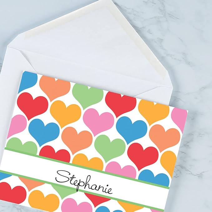 Current Happy Hearts Personalized Note Cards - 24 Cards with White Envelopes, 4¼ x 5½ Inch Size, Blank Stationery, Add Names or Text, For Thank You Notes, Invitations, & Announcements