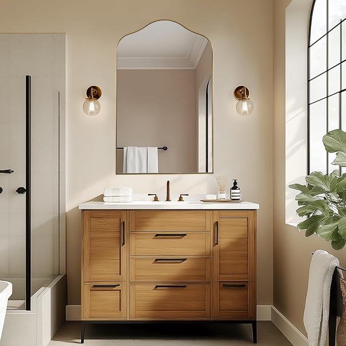 ANDY STAR Brass Scalloped Arched Wall Mirror, 20x30 Brushed Gold Irregular Bathroom Mirror with Curved Design for Vanity, Powder Room, Fireplace, Mantel, Stainless Steel Frame, Rustproof