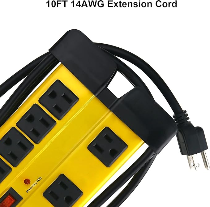 Heavy Duty Surge Protector for Appliances, 8 Outlet Workshop Power Strip with 1200 Joules, Metal with 10 FT Extension Cord and Wide Spaced. Yellow