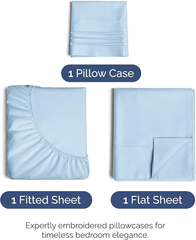 Twin Size 3 Piece Sheet Set - Comfy Breathable & Cooling Bed Sheets Set - Hotel Luxury Bedding for Women, Men, Kids, Teens, Boys & Girls - Deep Pockets, Soft and Wrinkle Free - Oeko-Tex - Light Blue
