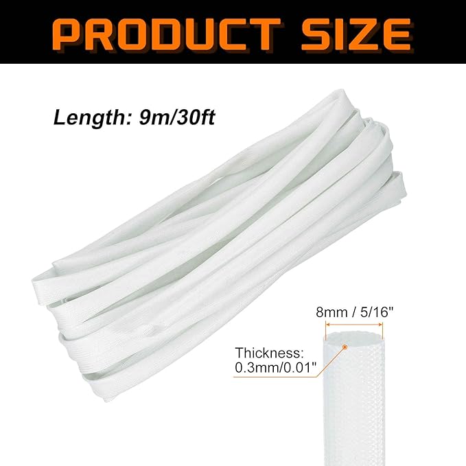 MECCANIXITY 30ft Braided Cable Sleeve, 5/16" ID 200C High Temperature 1500V Fiberglass Wire Insulation Cord Protector Organizer Wires Management for Motor Engine Fuel Line, White