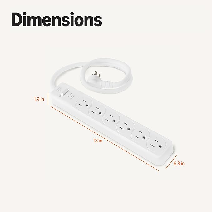 Amazon Basics Rectangle 6-Outlet Surge Protector Power Strip with Circuit Breaker, 600 Joule, 2ft Cord, White, 2-Pack