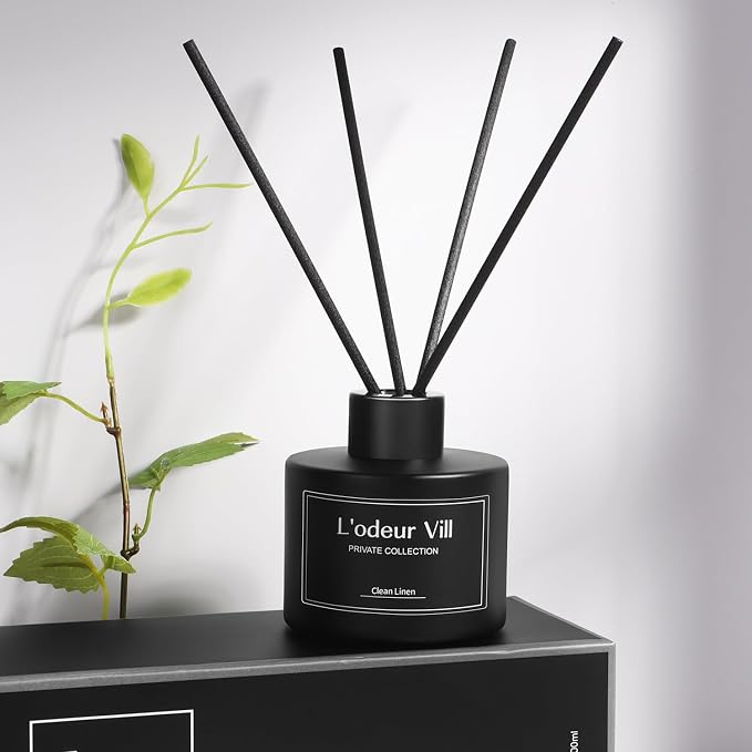 L'odeur Vill Reed Diffuser, 3.4oz(100ml) Clean Linen Reed Diffuser Set with 6 Oil Diffuser Sticks, Matte Black Aroma Scent Diffuser, Long Lasting Home Fragrance for Bathroom Shelf Decor