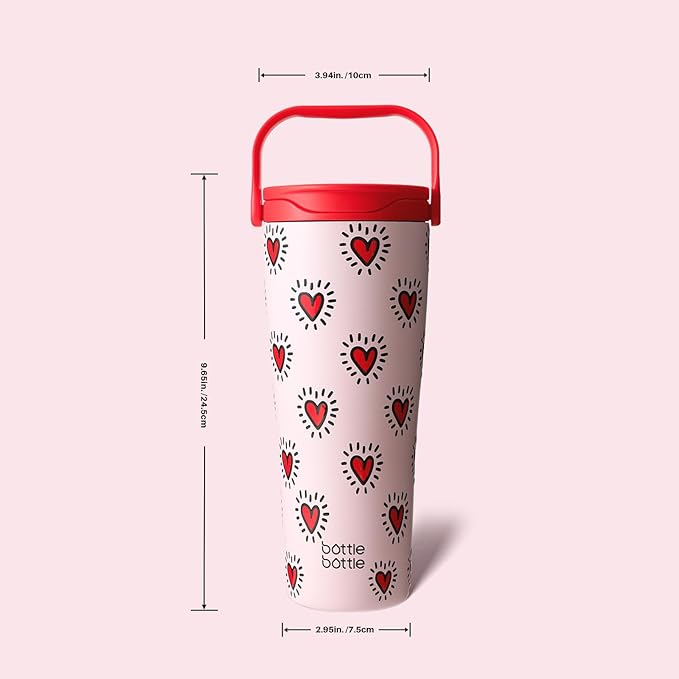 BOTTLE BOTTLE Insulated Tumbler with Handle & Straw Lid, 30oz Stainless Steel Leak-Proof Water Bottle for Hot & Cold Drinks, Add Ice Without Unscrewing, BPA-Free for Travel, Office(Heart Beats)