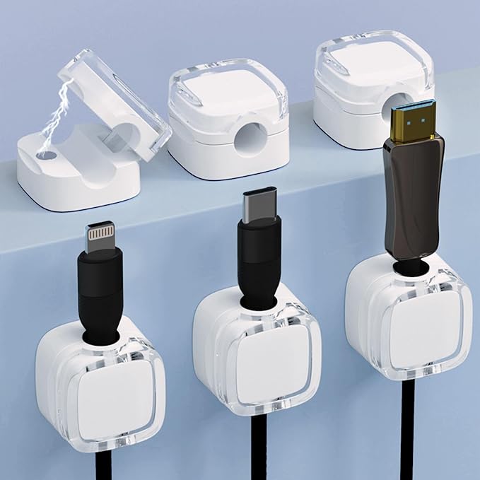 IFNOW 6 Pack Magnetic Cable Clips Cord Organizer White Self Adhesive Cord Holder Under Desk Cable Management for Home, Office, Car, Desk, Nightstand