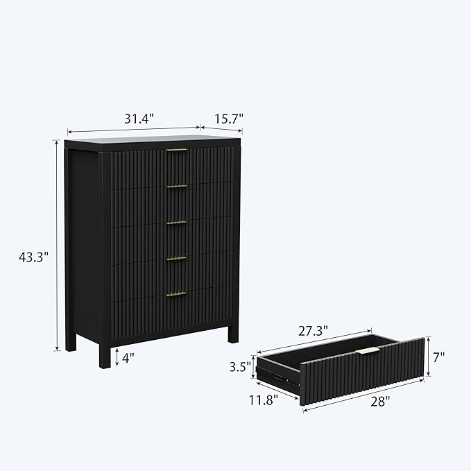 JZXSHD 5 Drawer Dresser, 43" Tall Dresser Organizer TV Drawer Cabinet Modern Wood Storage Cabinet, Modern Wood Storage Cabinet for Bedroom, Hallway, Entryway, Black Oak X 2