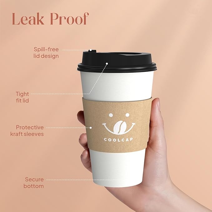 Coolcap Coffee Cups with Lids and Sleeves, 16 Ounce 100 pack To Go Coffee Cups with Lids, Disposable Hot Coffee Paper Cups Bulk for Hot Beverage (16 Ounce, White) | with Lids, and Sleeves, To Go Coffee Cups, with Lids, Bulk, for Hot Beverage