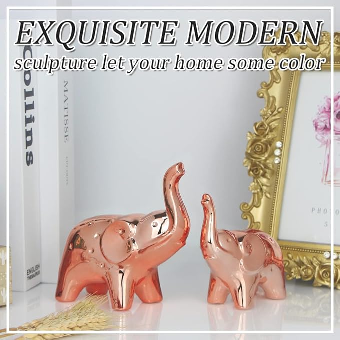 prosfalt A Pair Elephant Statue Home Decor,Modern Style Figurines,Sculpture for Office Desktop Bookshelf Living Room (Ceramics Rose Gold)