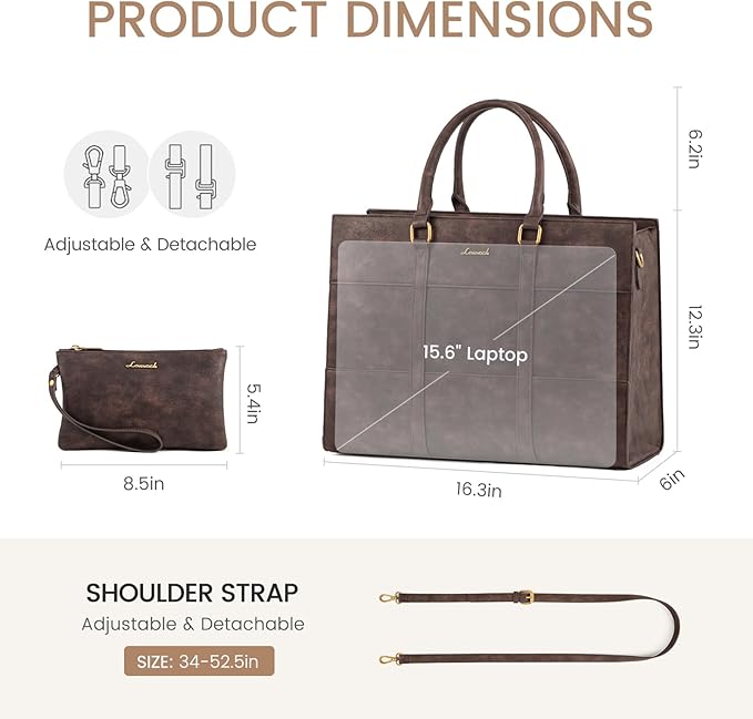 LOVEVOOK Laptop Bag for Women, 15.6 Inch Laptop Tote Bag, Vintage Leather Work Bags for Women, Waterproof Computer bag with Clutch Purse, Large Capacity Briefcase, Business Office Bag
