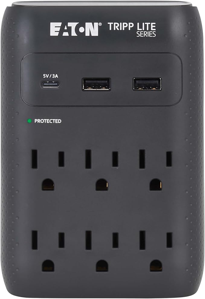 Eaton Tripp Lite SK60CB Wall Surge Protector Power Strip & USB Wall Charger, 6-Outlet Extender, 1 USB-C + 2 USB Ports, 1080 Joules, Multi-Plug Outlet Splitter, Black, Lifetime Manufacturer's Warranty