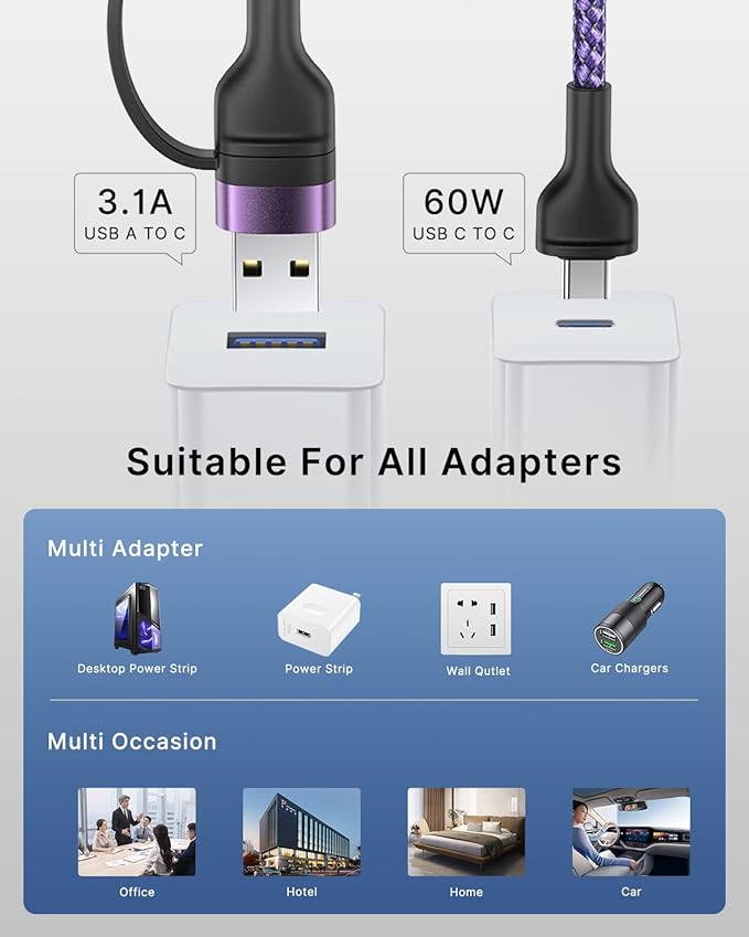 4-in-1 USB C Cable, USBC Lightning Cable USB C to C Charging Cable 60W PD [Fast & Data Sync] 4 in 1 Multi Charger for iPhone 16 15 14 13 12,MacBook Pro 2024 iPad mini 6/Pro,Samsung Galaxy