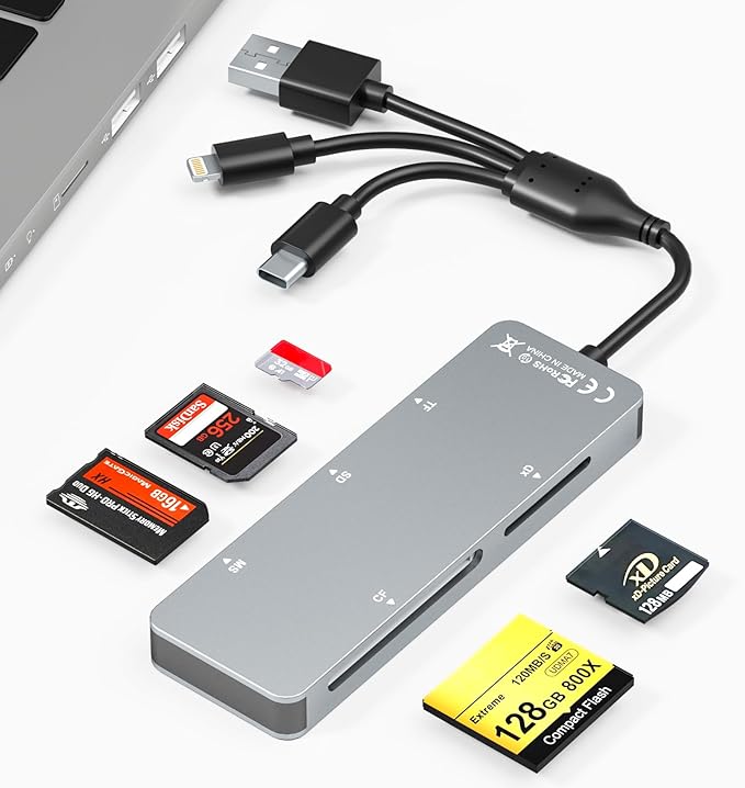 Memory Stick Pro Duo Adapter for iPhone/PC/iPad, 5 in 1 Memory Stick Pro Duo Reader for SD/TF/CF/MS/XD Card, Aluminum Portable Design XD Card Reader with Lightning/USB-C/USB-A Port