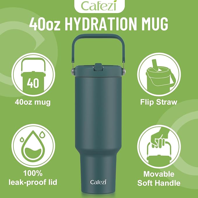 40 oz Insulated Tumbler with Top Handle and Flip Straw, Vacuum Insulated Stainless Steel Cup, Sweat-Free, Fits Cup Holder, Keeps Drinks Cold up to 30 Hours