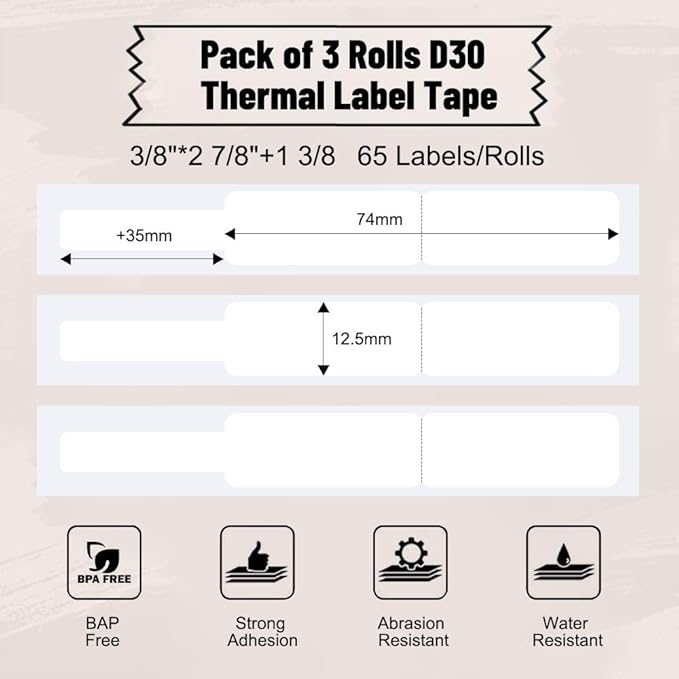Phomemo D30 Label Maker Tape Cable Wire Label Tape, Black Print on White Sticker, 12.5mm x 74mm+35mm (3/8" x2 7/8"+1 3/8) Self-Adhesive Thermal Label Tape, 65 Tapes/Roll, 3-Roll