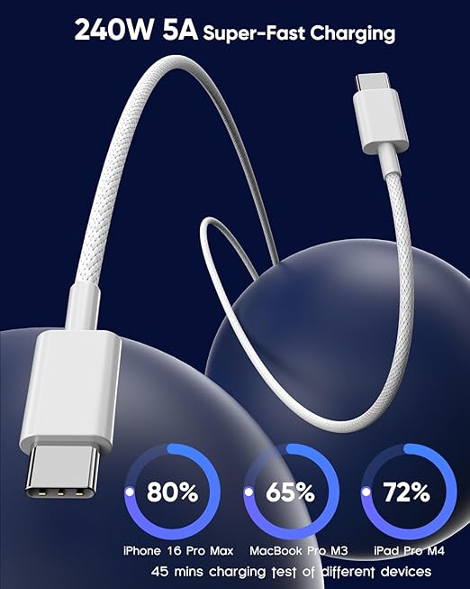USB C to USB C,240W USB-C Woven Charge Cable,6.6ft 2Pack USB C Cable Fast Charging Cord for Apple MacBook Pro/MacBook Air,iPad Pro/Air,iPad mini,iPhone 16 15 Pro Max Plus Compatible 140W/100W/60W/45W