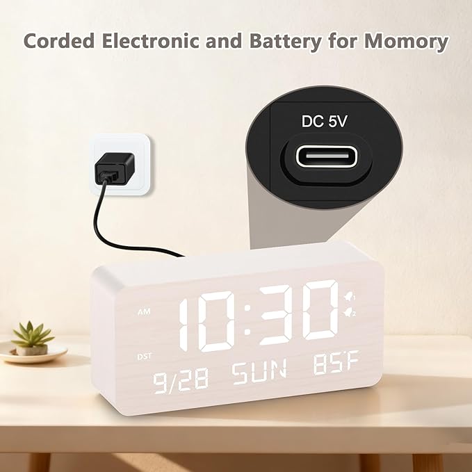 Fomobest Wooden Digital Alarm Clock for Bedroom - Desk Clock with Date, Day of Week, Temperature, Dual Alarms, Dimmer, USB Port Charge, DST, Adjustable Volume for Living Room/Office Wood Decor (White)