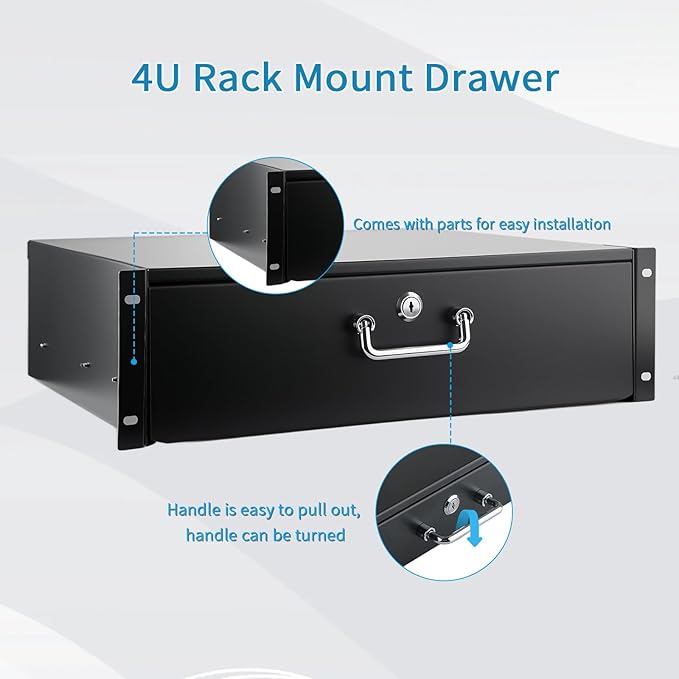 Rack Drawer, Rack Mount Drawer Designed for 19-inch Network Equipment, Servers, AV Racks, or Cabinet Enclosures. Sliding and Lockable Server Rack Drawer Features Cable Management Holes (4U)