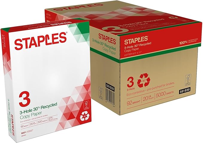 Staples Recycled 8.5 x 11-Inch, 3-Hole Punched Copy Paper 20 lb 92B 500/RM 10 RM/CT