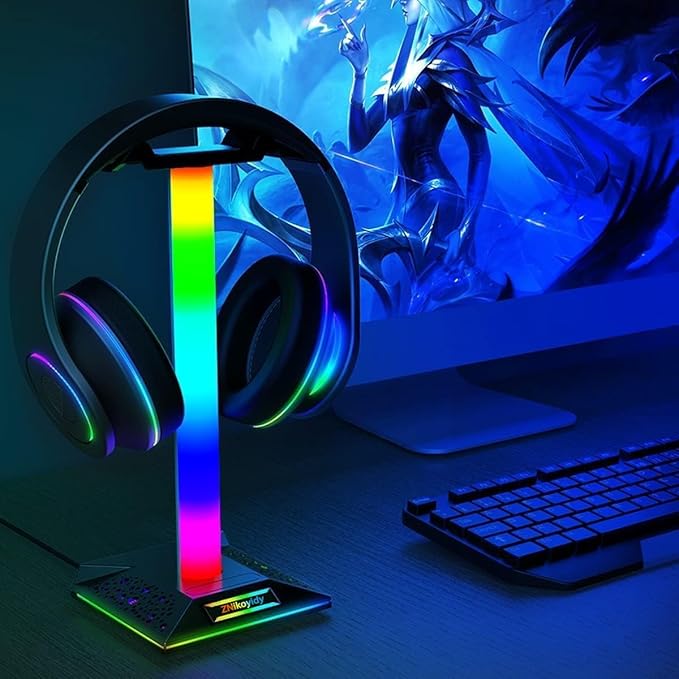 ZNikoyidy RGB Gaming Headset Stand Headphone Stand with 2 USB Ports 10 Color Mode, PC Gaming Desktop Earphone Accessories Gift for Boys Men Gamers