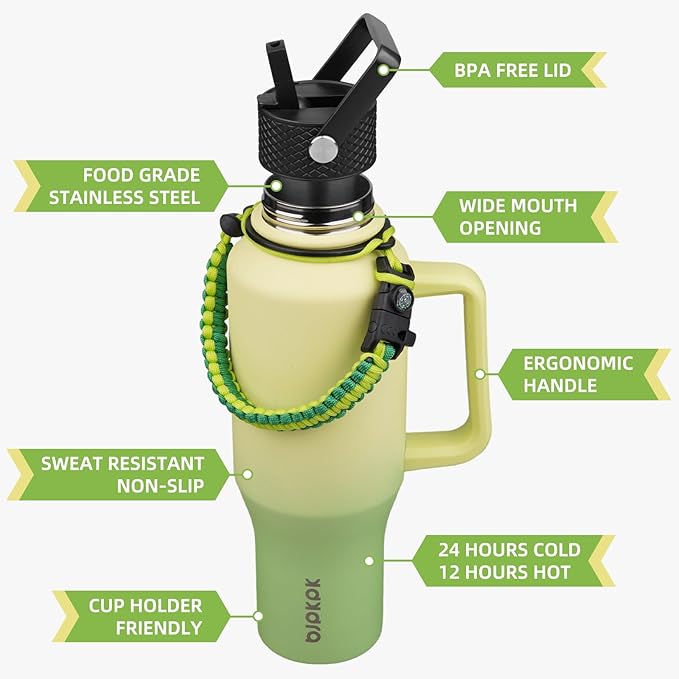 BJPKPK Insulated Water Bottles with Straw Lid, 40oz Metal Water Bottle with 2 lids & Paracord Strap, Double Wall Stainless Steel Tumbler with Handle, Reusable Cups, Mugs, Thermo, Fresh Green