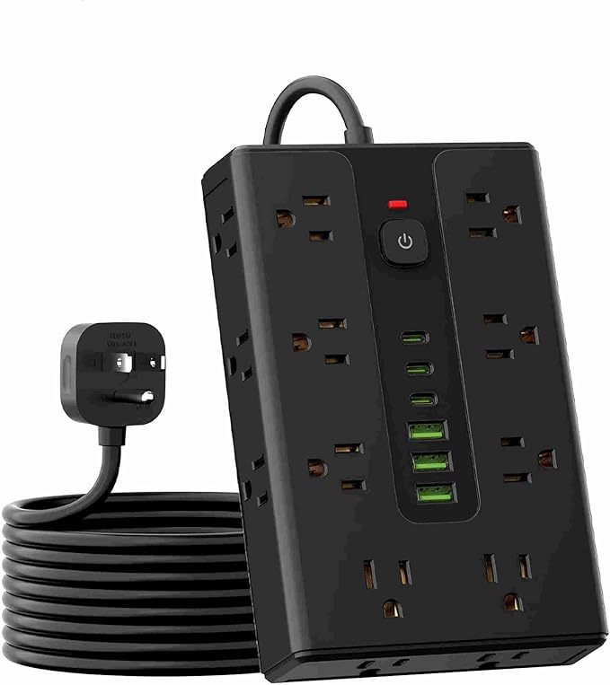 Power Board Surge Protector with 16 sockets, Equipped with 3 USB A and 3 USB C Ports, Suitable for Various Devices, Including Home, Office, and Dormitory (black6.5FT)