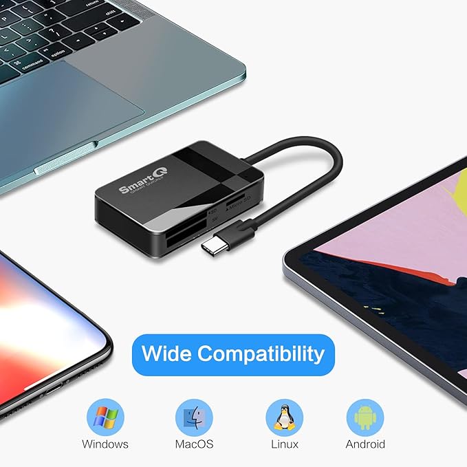SmartQ SD Card Reader, 4-in-1 USB C 3.0 SD/Micro SD/MS/CF Memory Card Reader, Adapter for Camera, Compatible with MacBook Pro, MacBook Air/iPad Pro, Samsung Galaxy S10/S9/S8, Surface Book 2