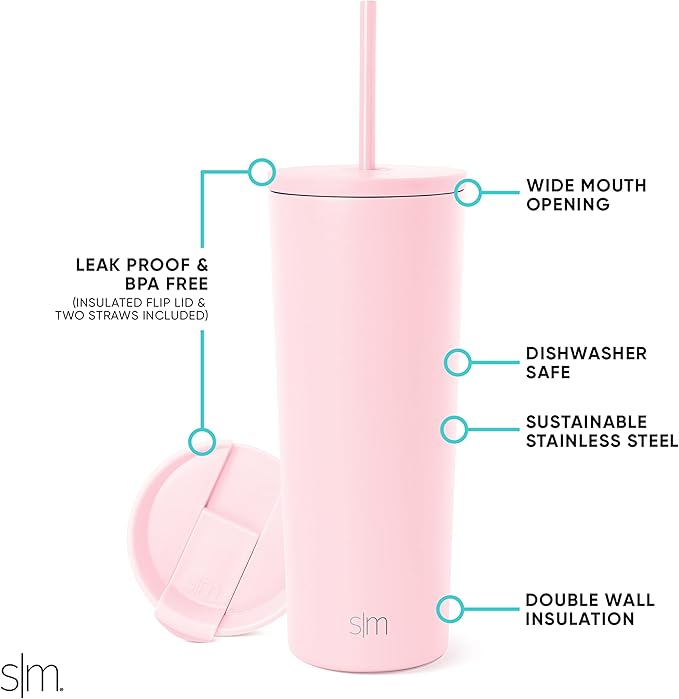 Simple Modern Insulated Tumbler with Lid and Straw | Iced Coffee Cup Reusable Stainless Steel Water Bottle Travel Mug | Gifts for Women Men Her Him | Classic Collection | 24oz | Blush