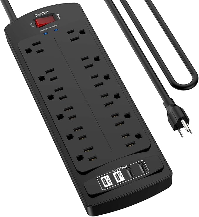6 Ft Extension Cord Power Strip, Teiobar Surge Protector with 12 AC Outlets and 4 USB Ports for Home, Office, Dorm Essentials, 1875W/15A, 2700 Joules, ETL Listed, Black