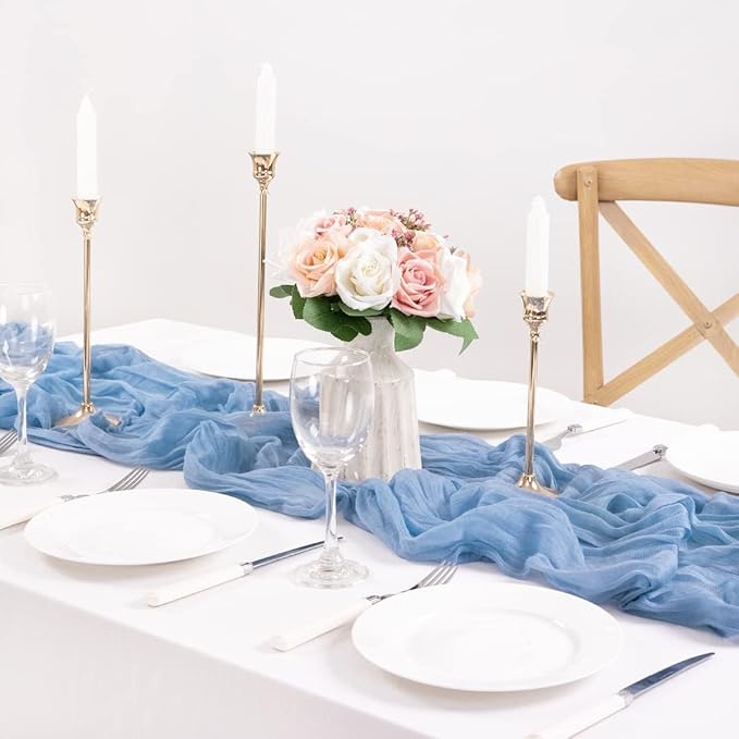 MLMC 3 Pack Dusty Blue Table Runner 10ft Boho Gauze Cheesecloth Table Runner Bulk 35x120 Inches Rustic Cheese Cloth Decor for Wedding Bridal Shower Baby Shower Party Decor