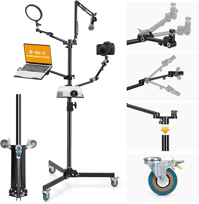 TARION Live Streaming Stand with Wheels - 61"/155cm 5-in-1 Stream Stand Equipment Kit: 1 Mic Boom + 3 Articulated Arms + 1 Projector Holder, Adjustable Heavy-duty Floor Live Tree Stand Setup TitanRig