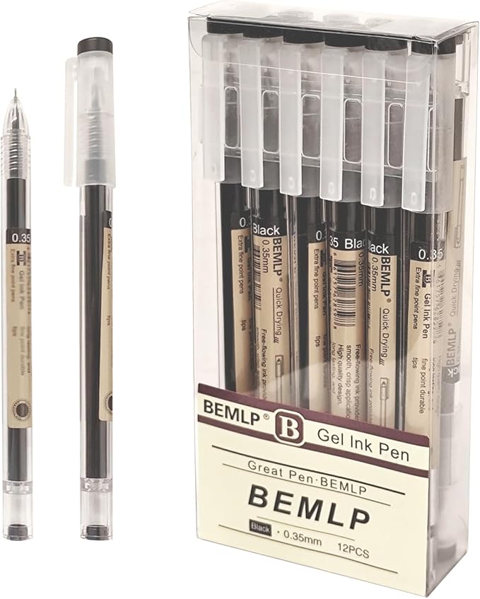Gel ink Pen 0.35mm Black Liquid Ink Rollerball Gel Pens Quick Drying fine point Pens Ballpoint Japanese Pens Premium School Office student Exam Writing Stationery Supply 12 Pcs/Set (Black)