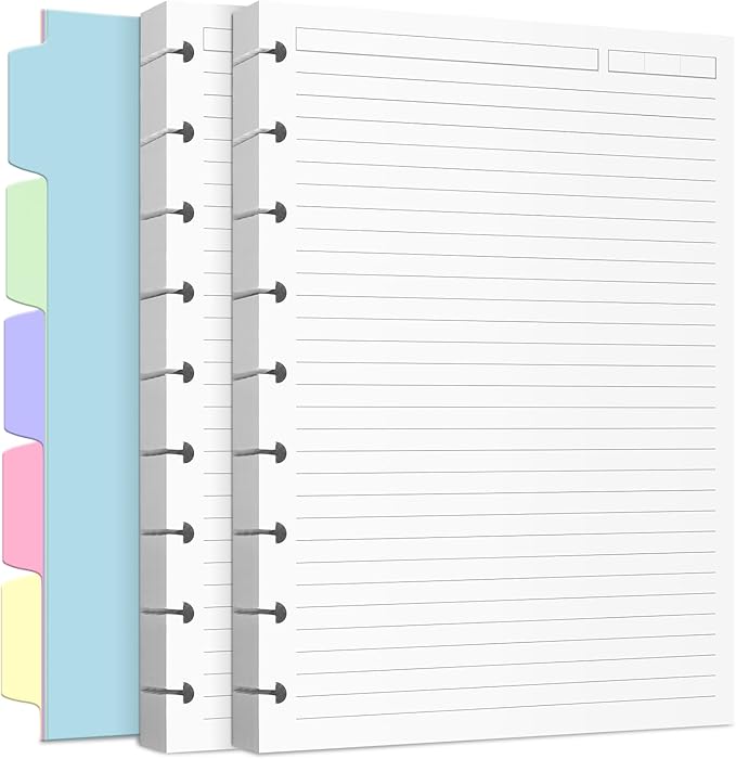 Discbound Refill Paper, Classic Size (7" x 9.25") Disc Paper Refill for Note-Taking System Discbound Planner Inserts with 240 Pages, 5 Sheets Dividers, White Binder Inserts