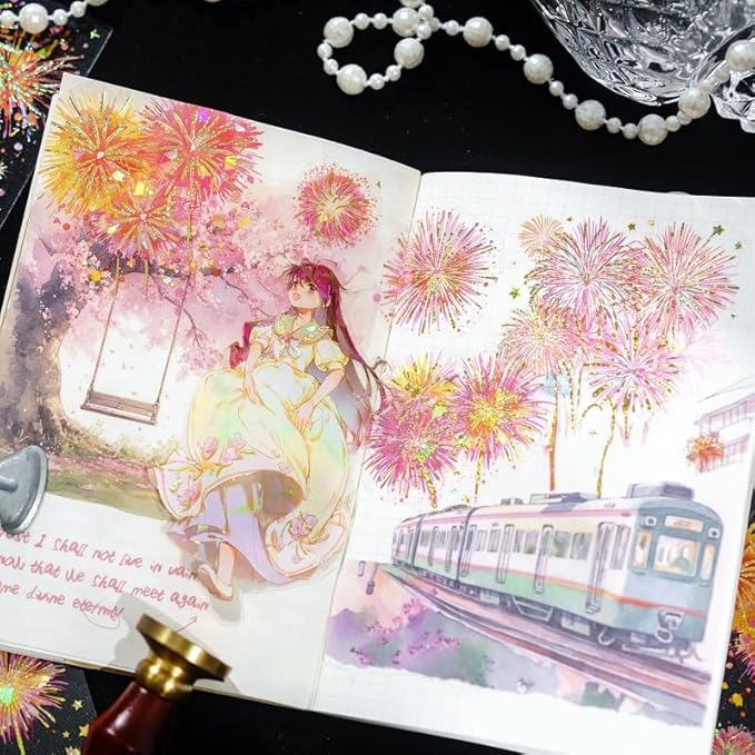 Holographic Fireworks Stickers for Journaling and Crafts, 12 Sheets Transparent PET Stickers for Scrapbooking, Junk Journal Supplies, Collage, DIY Paper Arts Decorative