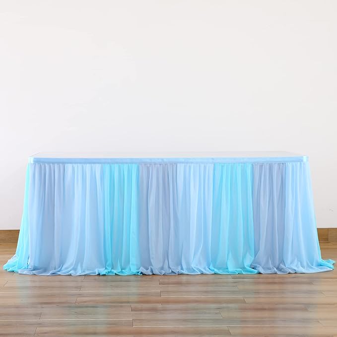 Tulle Table Skirt Blue Tutu Striped Table Skirts for Rectangle Tables 6ft Baby Shower Under the Sea Baby Shark Birthday Parties Decoration